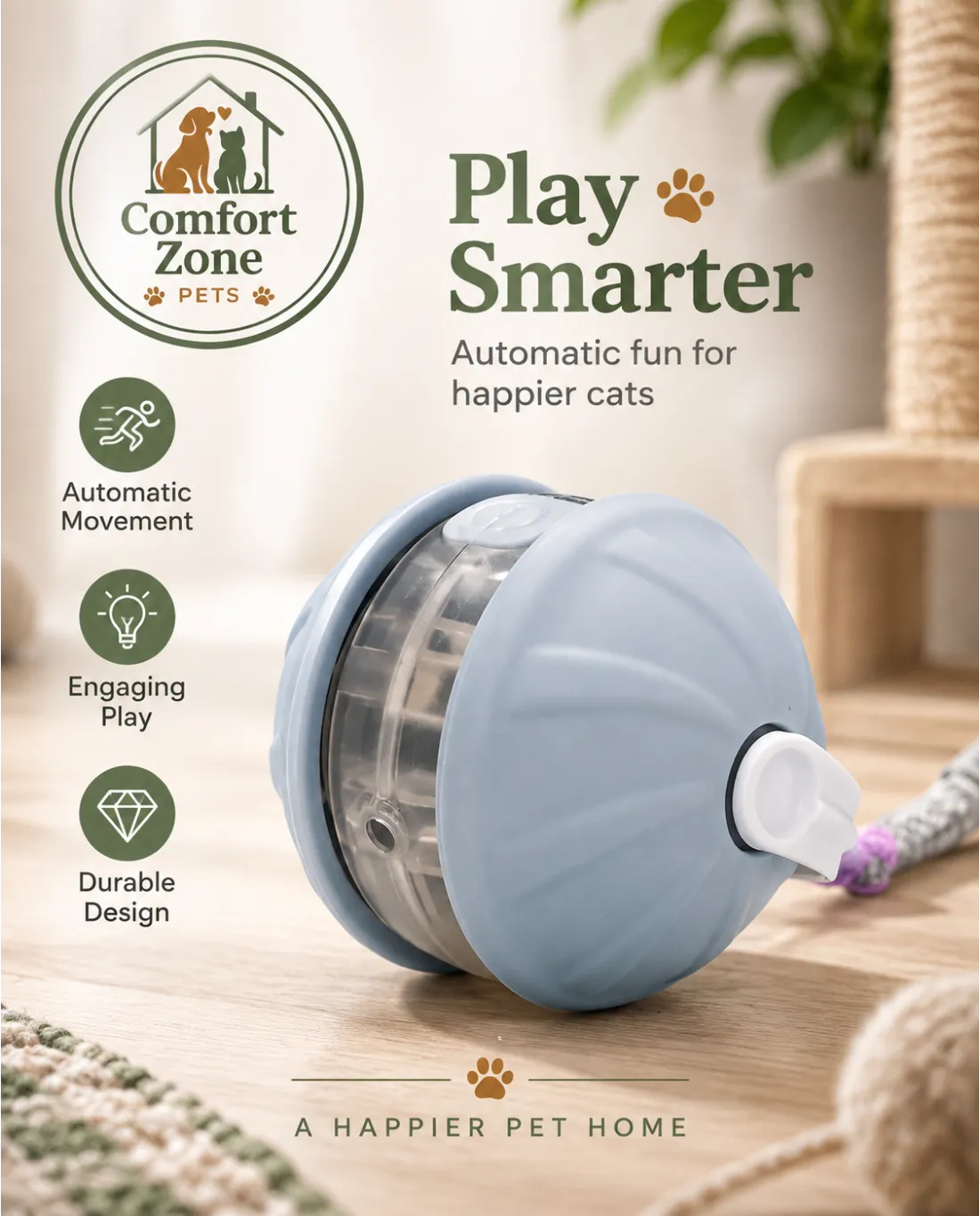 Smart rolling cat ball toy with automatic movement mode designed to keep cats active and entertained.