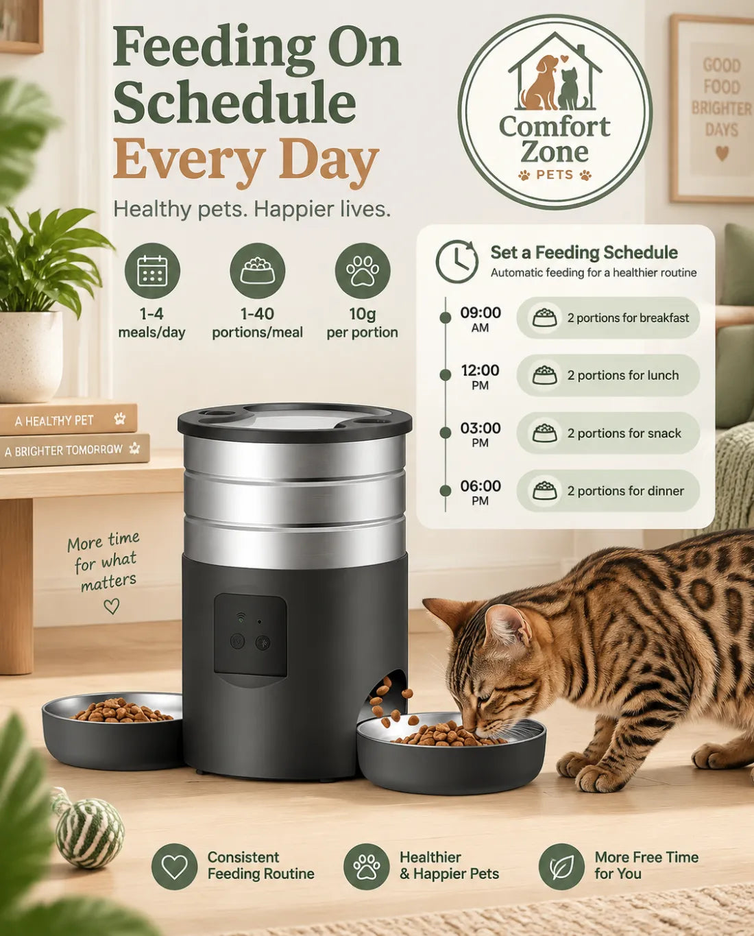 Scheduled automatic pet feeder with dual bowls and portion control for daily pet meals