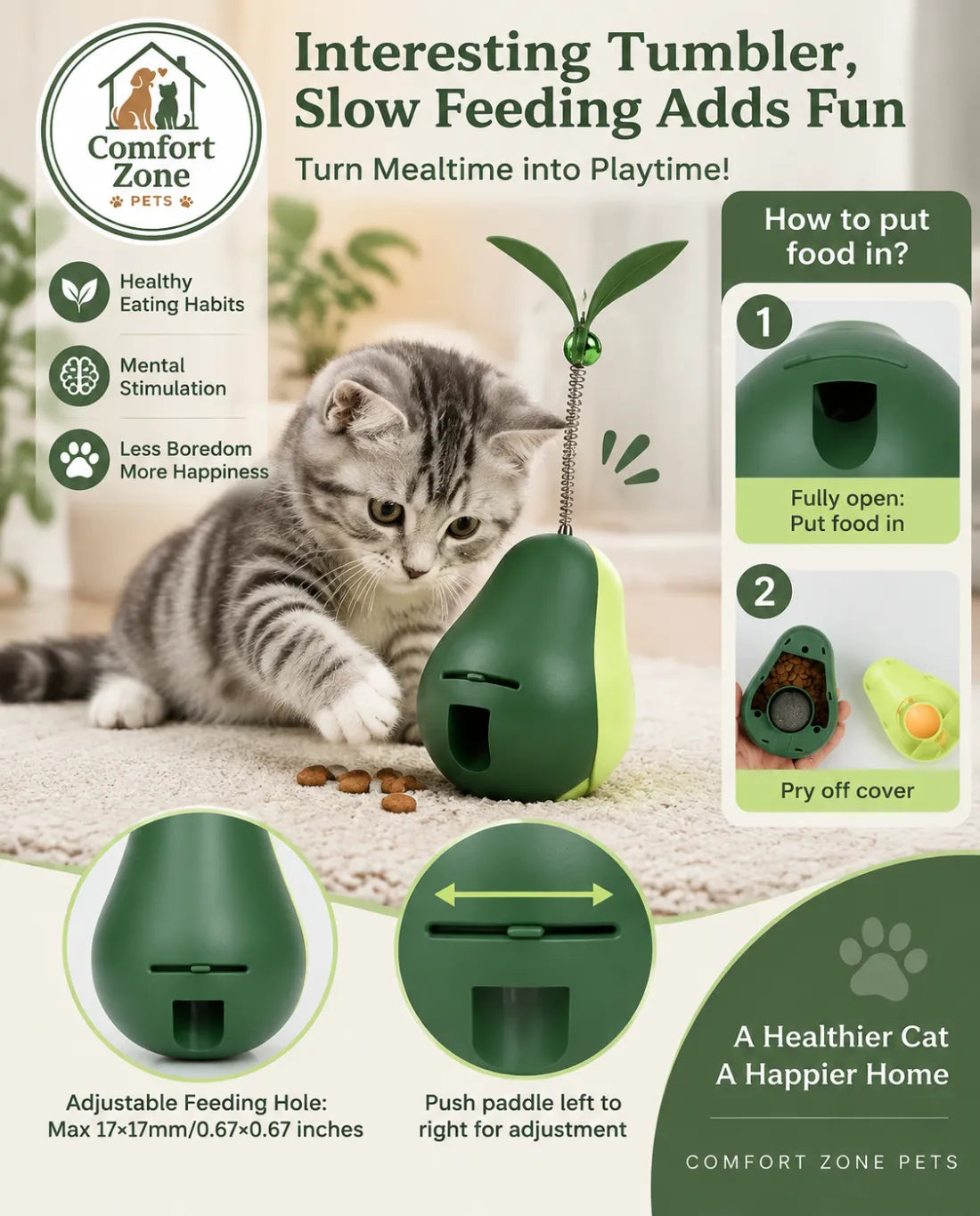 Slow feeding avocado cat toy puzzle dispenser that encourages healthy eating, problem solving, and active play.