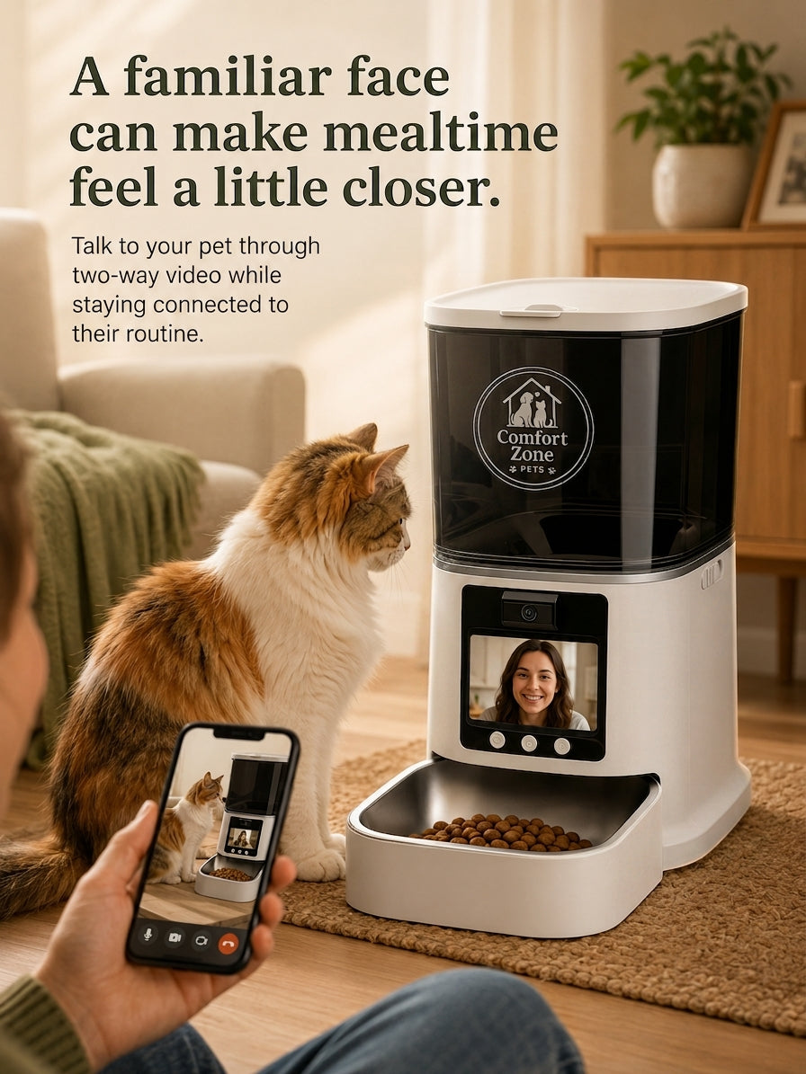 Person holding phone showing video call with cat looking at screen near feeder