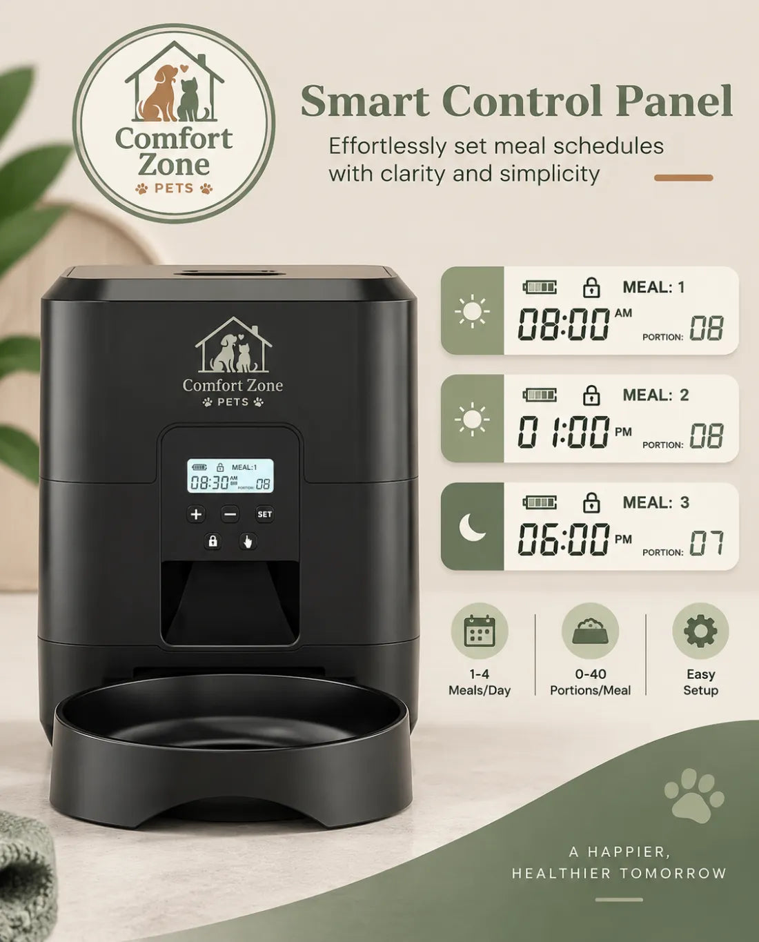 Smart pet feeder with digital control screen for setting meal times and food portions.