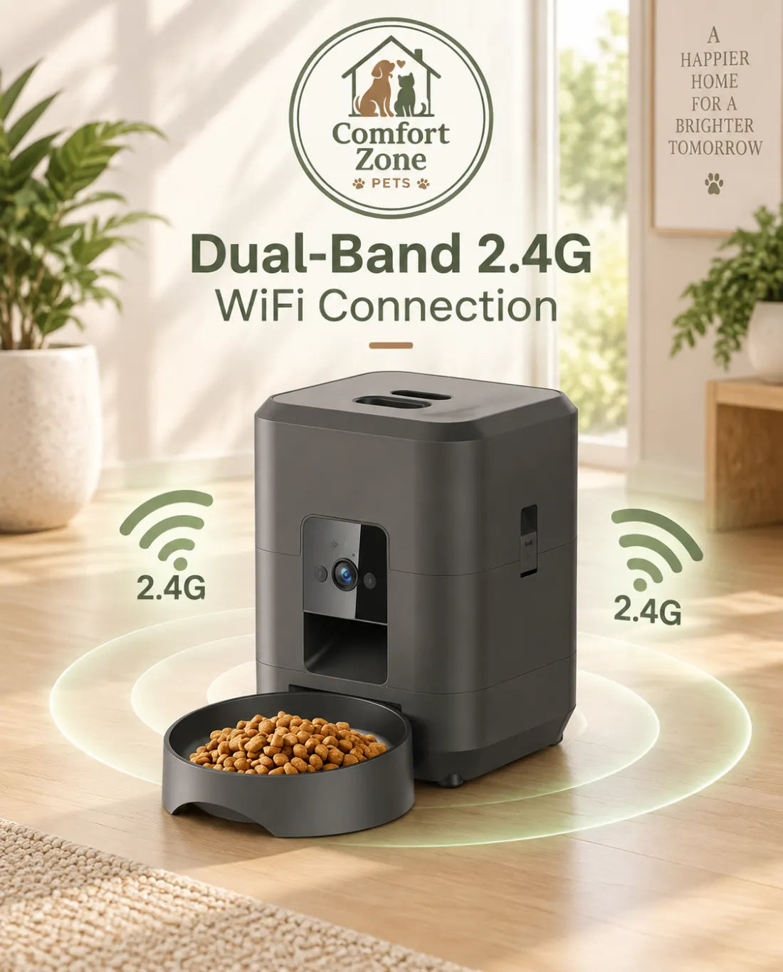 2L smart pet feeder with dual-band WiFi connection for reliable remote feeding control.