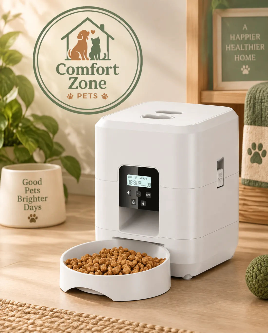 Smart pet feeder with modern home-friendly design for convenient cat and dog feeding.