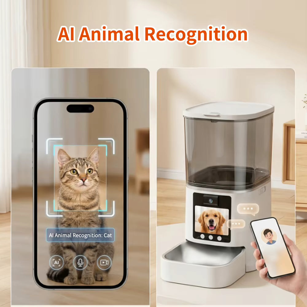 Infographic titled AI Animal Recognition showing a phone scanning a cat and the automatic pet feeder identifying a dog via two-way video call