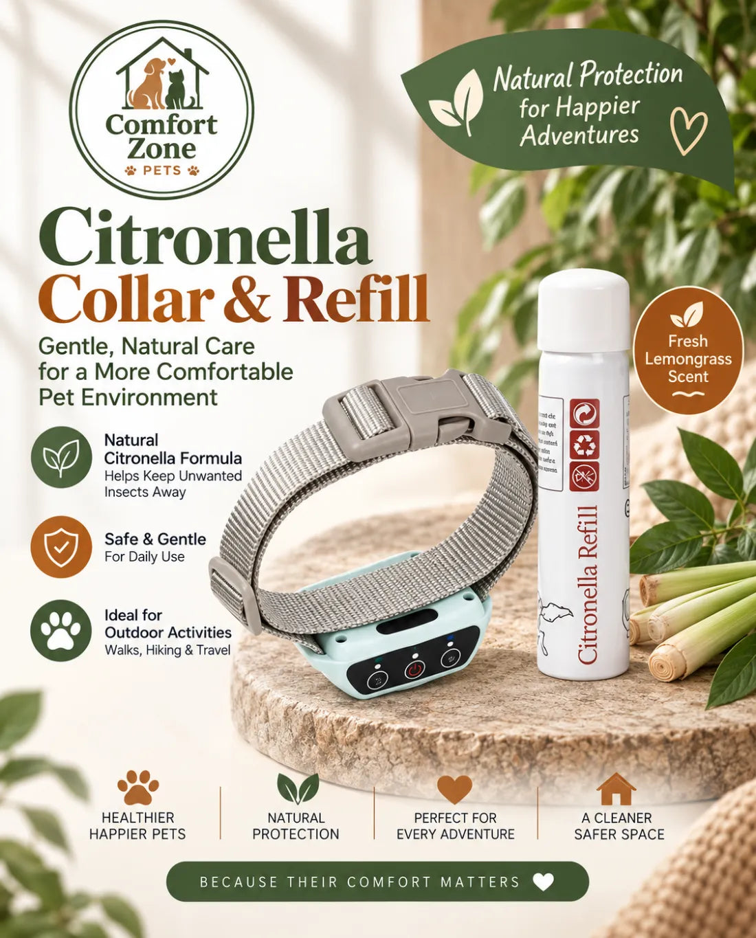 Smart dog bark training collar with citronella spray refill, designed for comfortable daily use and reducing unwanted barking.