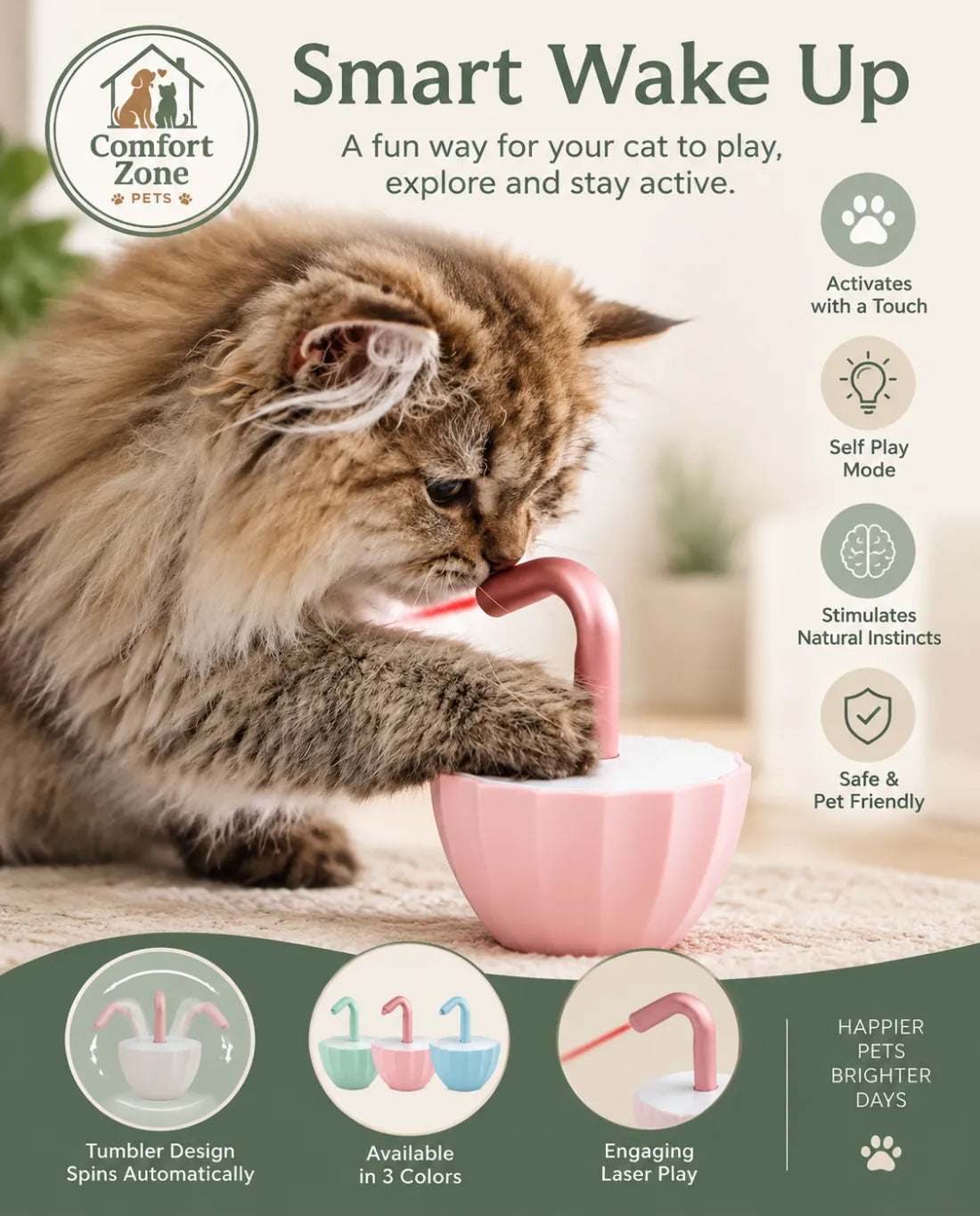 Comfort Zone Pets smart wake up automatic laser cat toy with touch activation, self play
mode, and interactive stimulation for indoor cats.