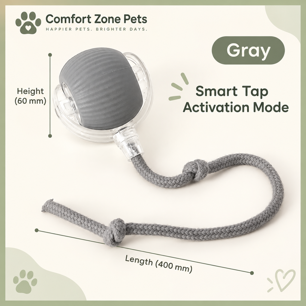 Gray interactive smart tap cat ball toy with rope tail and 60mm ball for engaging play
