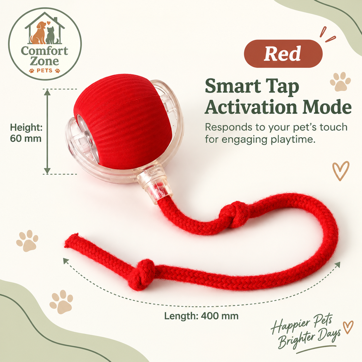 Red interactive smart tap cat ball toy with rope tail for cats and dogs