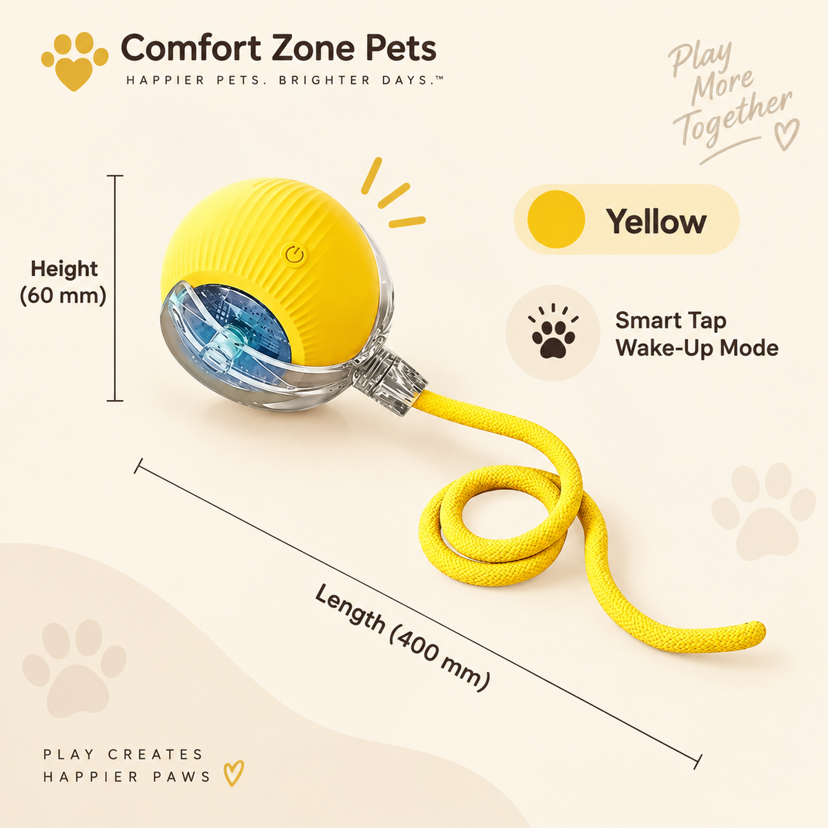 Yellow interactive pet toy with smart tap activation mode, designed for cats and dogs to encourage engaging playtime and mental stimulation with a rope attachment.