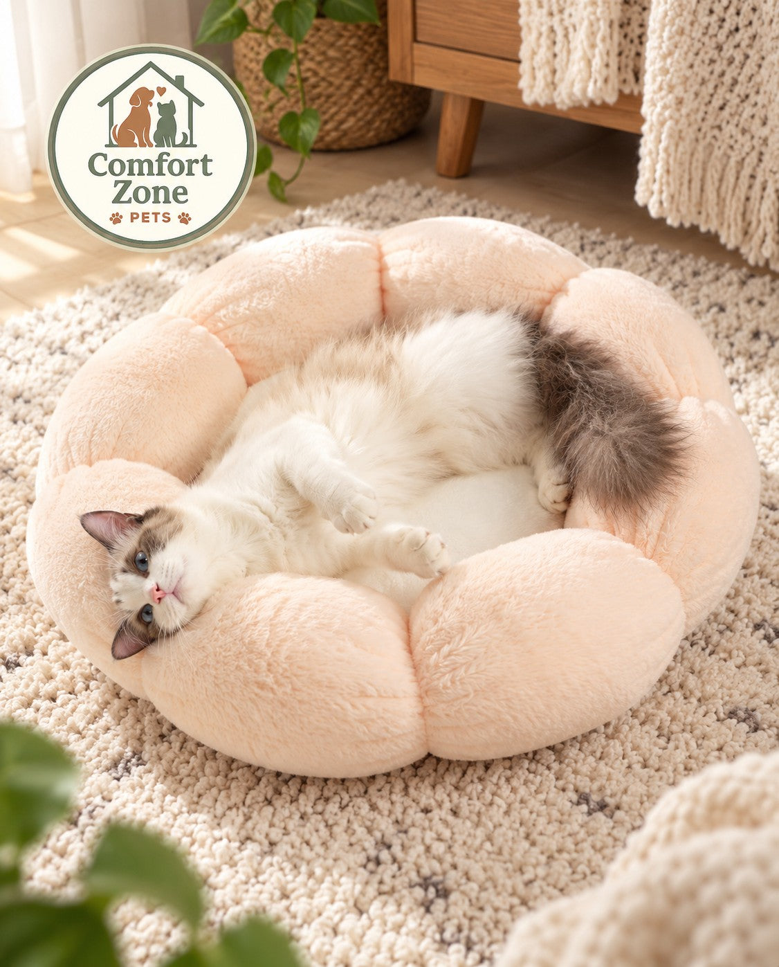 Soft peach plush round cat bed providing a cozy curled-up resting area for a cat.