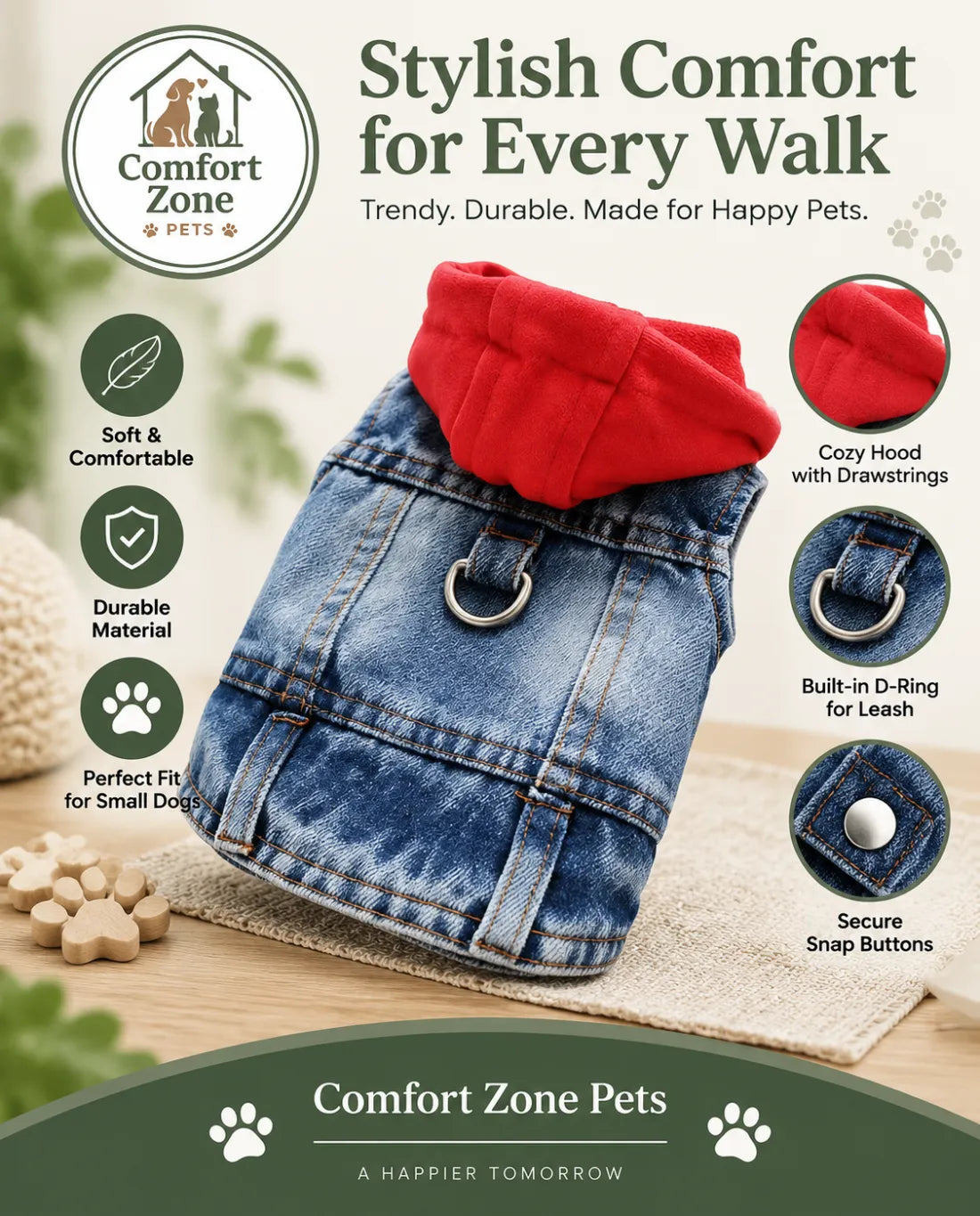 Stylish denim dog jacket with hood for small pets and comfortable everyday wear