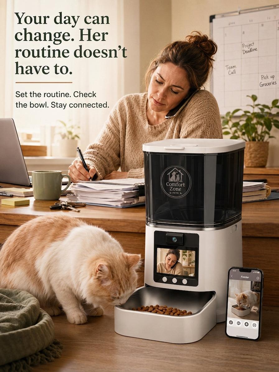 Woman working at desk with cat eating from automatic feeder and phone showing video call
