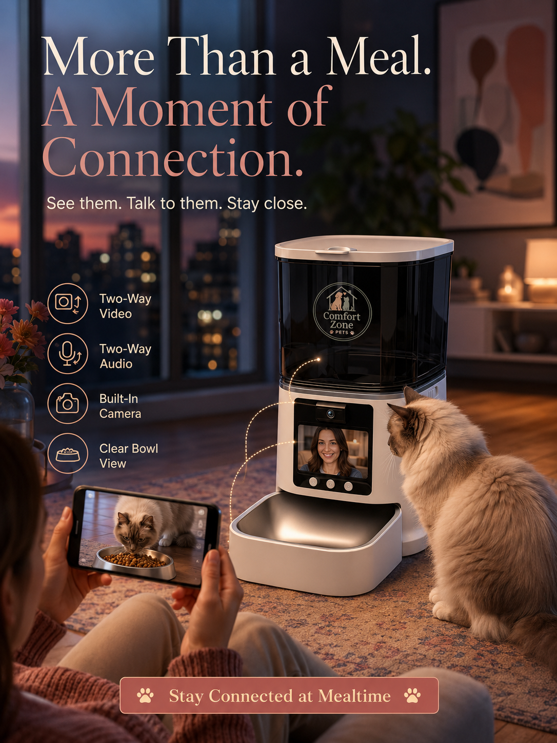 Comfort Zone Pets automatic cat feeder with silver logo, two-way video, two-way audio, built-in camera, and a cat eating from the stainless-steel bowl.