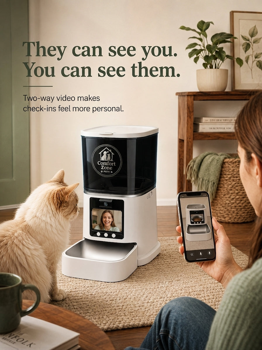 Woman holding phone with live feeder camera view while white cat eats nearby
