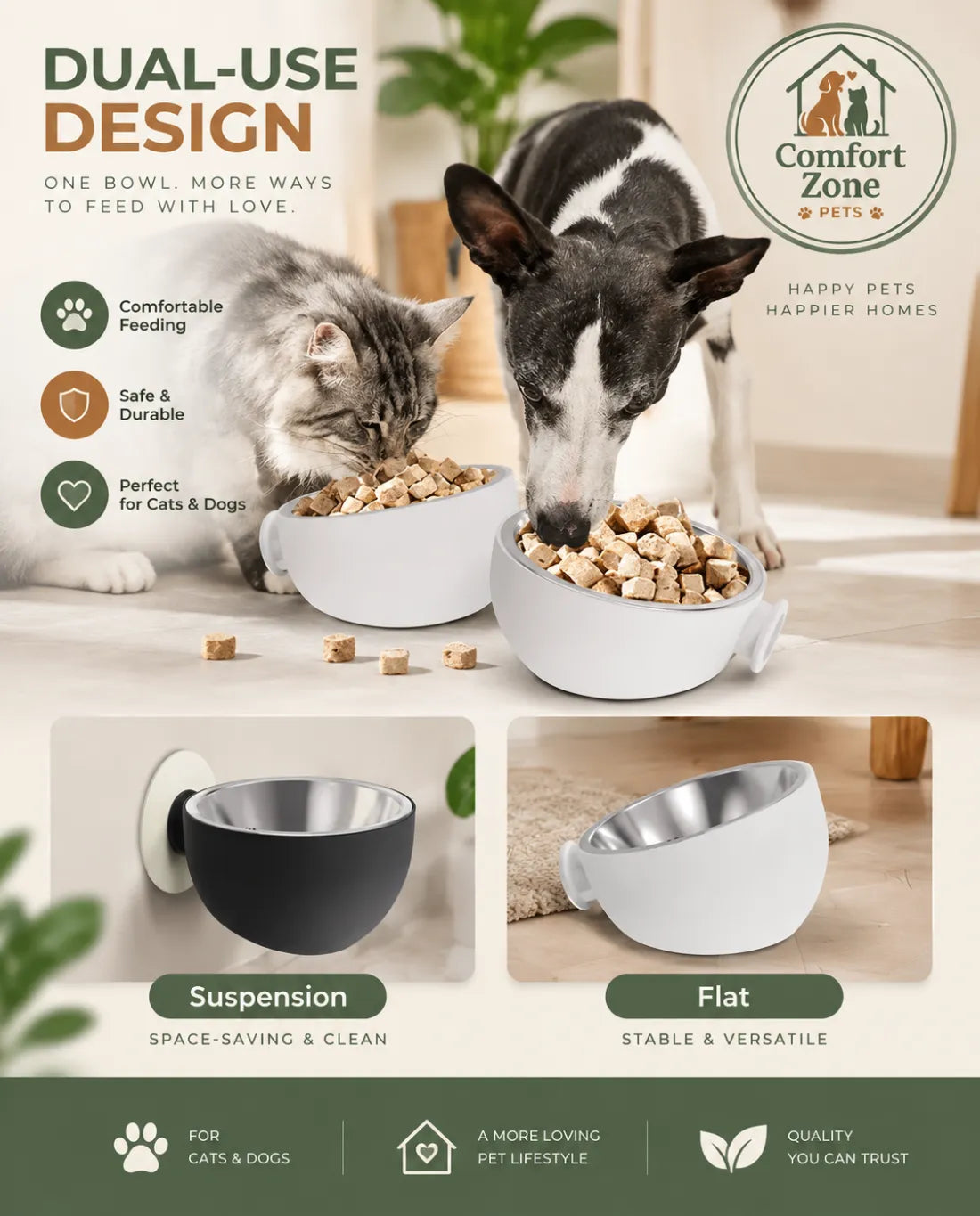 Wall mounted cat and dog bowl with adjustable height for comfortable elevated feeding
