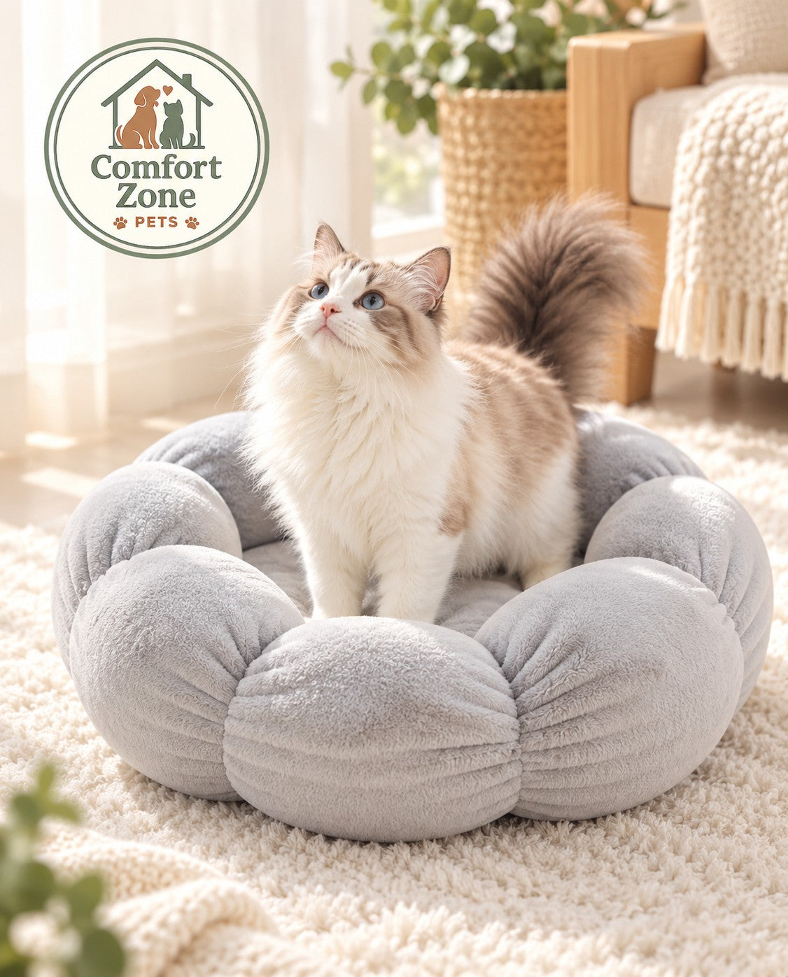 Long-haired cat standing inside a warm thick plush round gray cat bed designed for comfort.