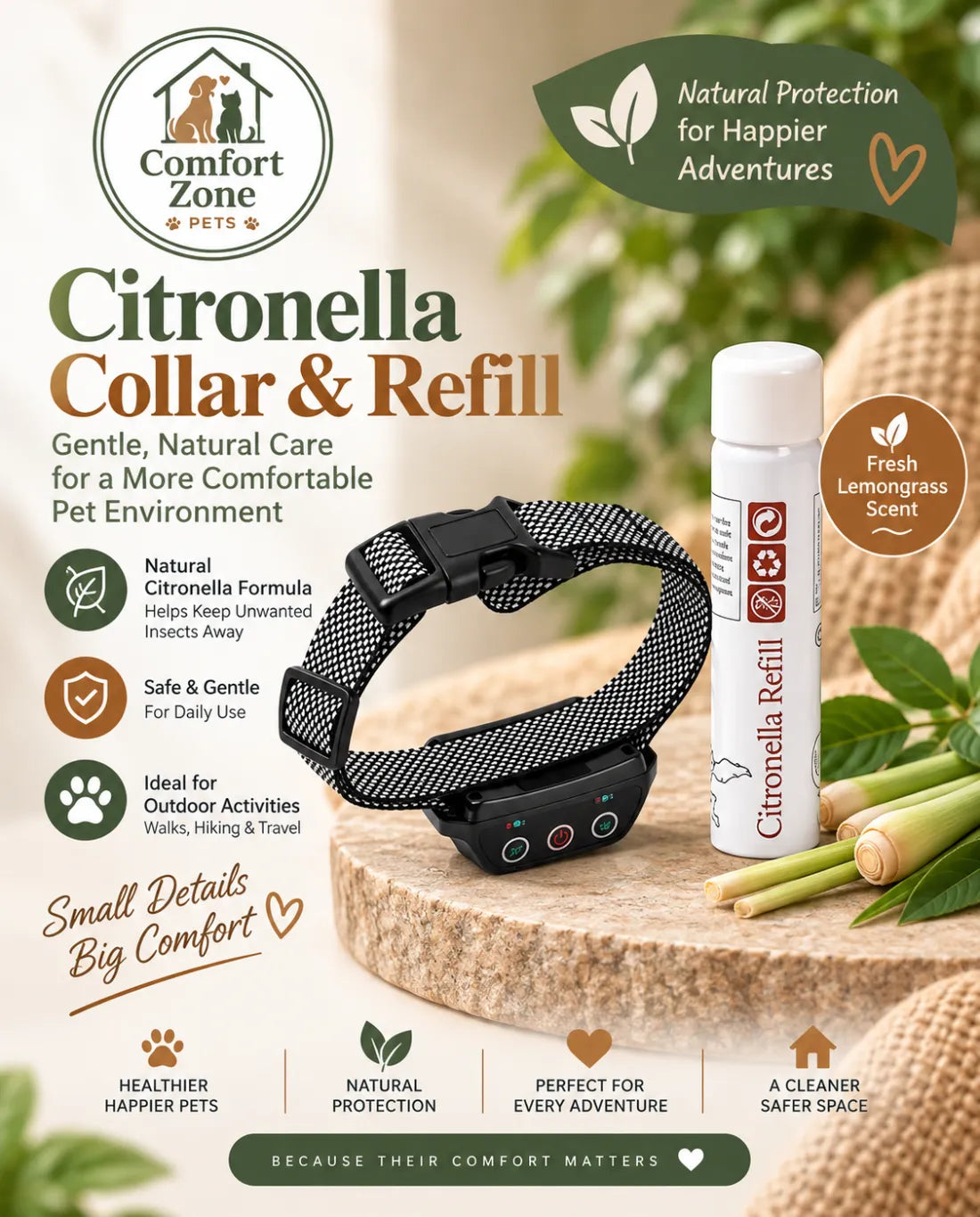 Rechargeable smart spray bark training collar for dogs with citronella refill, adjustable collar design, and outdoor adventure support.