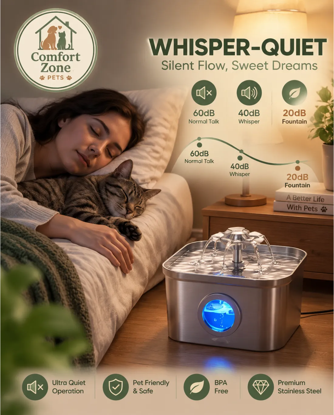 Whisper quiet cat water fountain with silent pump for peaceful home use