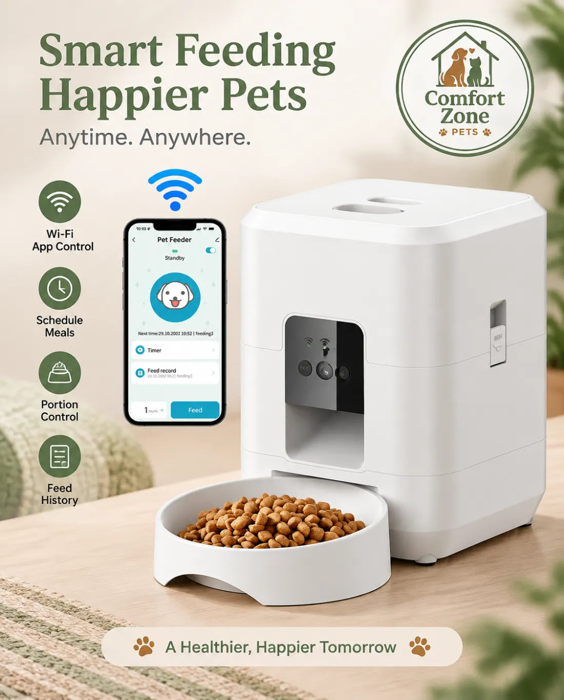 White smart automatic pet feeder with WiFi app control for cats and dogs featuring scheduled meals and portion management.