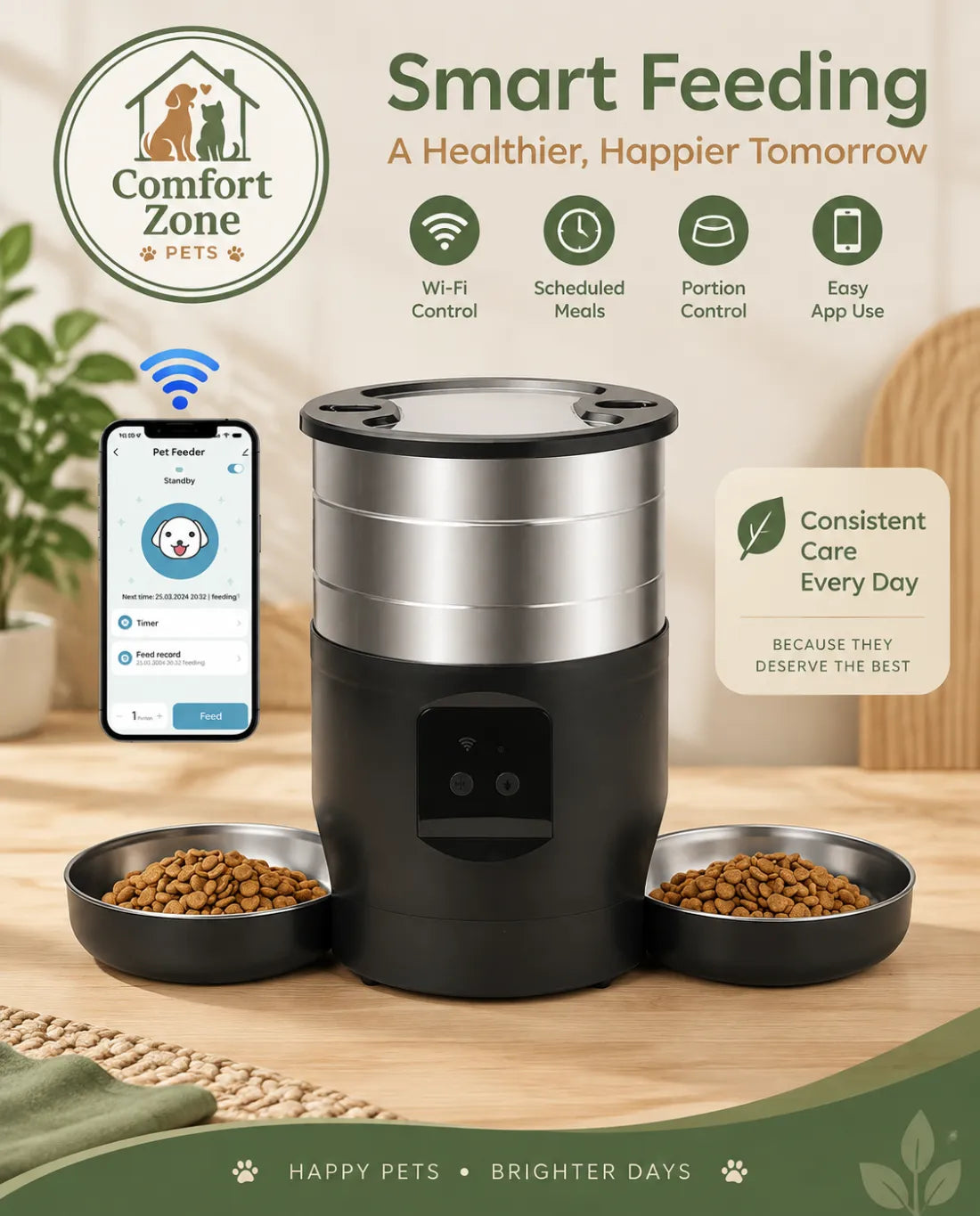 WiFi smart automatic pet feeder with 4.5L capacity and programmable feeding schedule