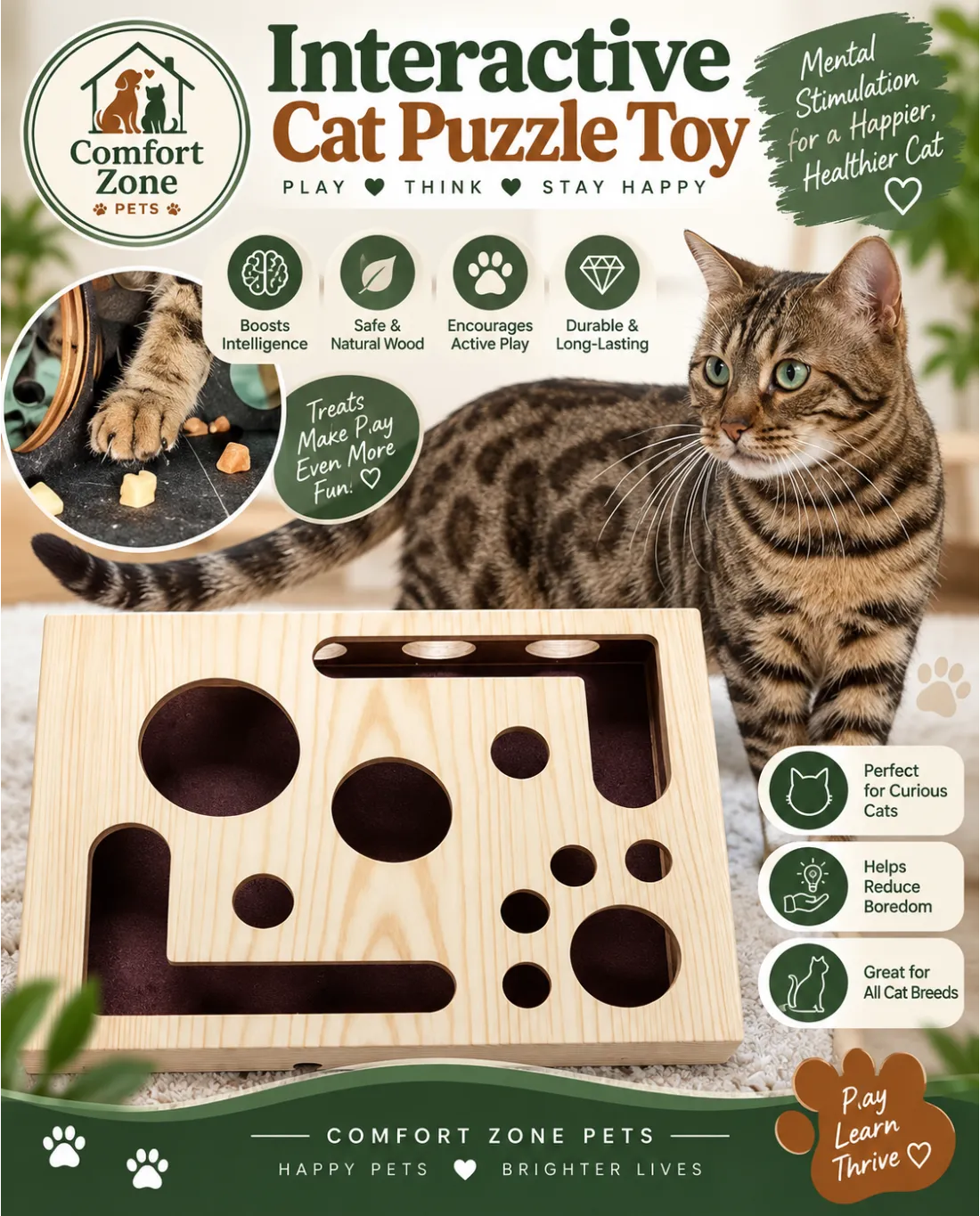 Wooden interactive cat puzzle toy with multiple play holes and hidden ball compartments, featuring a gray cat peeking over the toy in a cozy home setting.