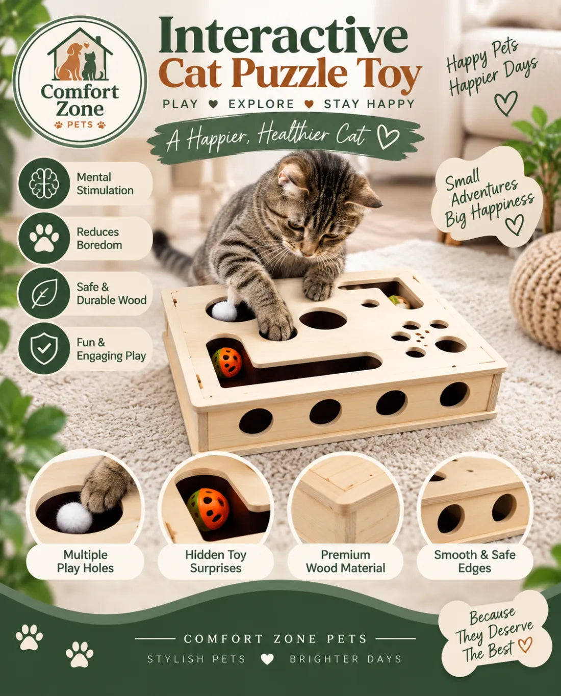 Interactive wooden cat puzzle toy with hidden treat compartments and play holes, shown with a tabby cat for mental stimulation, active play, and boredom relief.