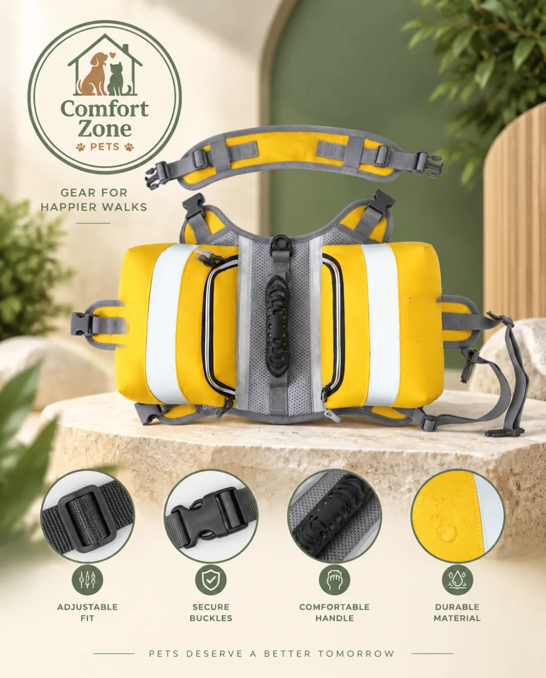 Yellow dog adventure backpack with reflective straps for hiking and outdoor activities
