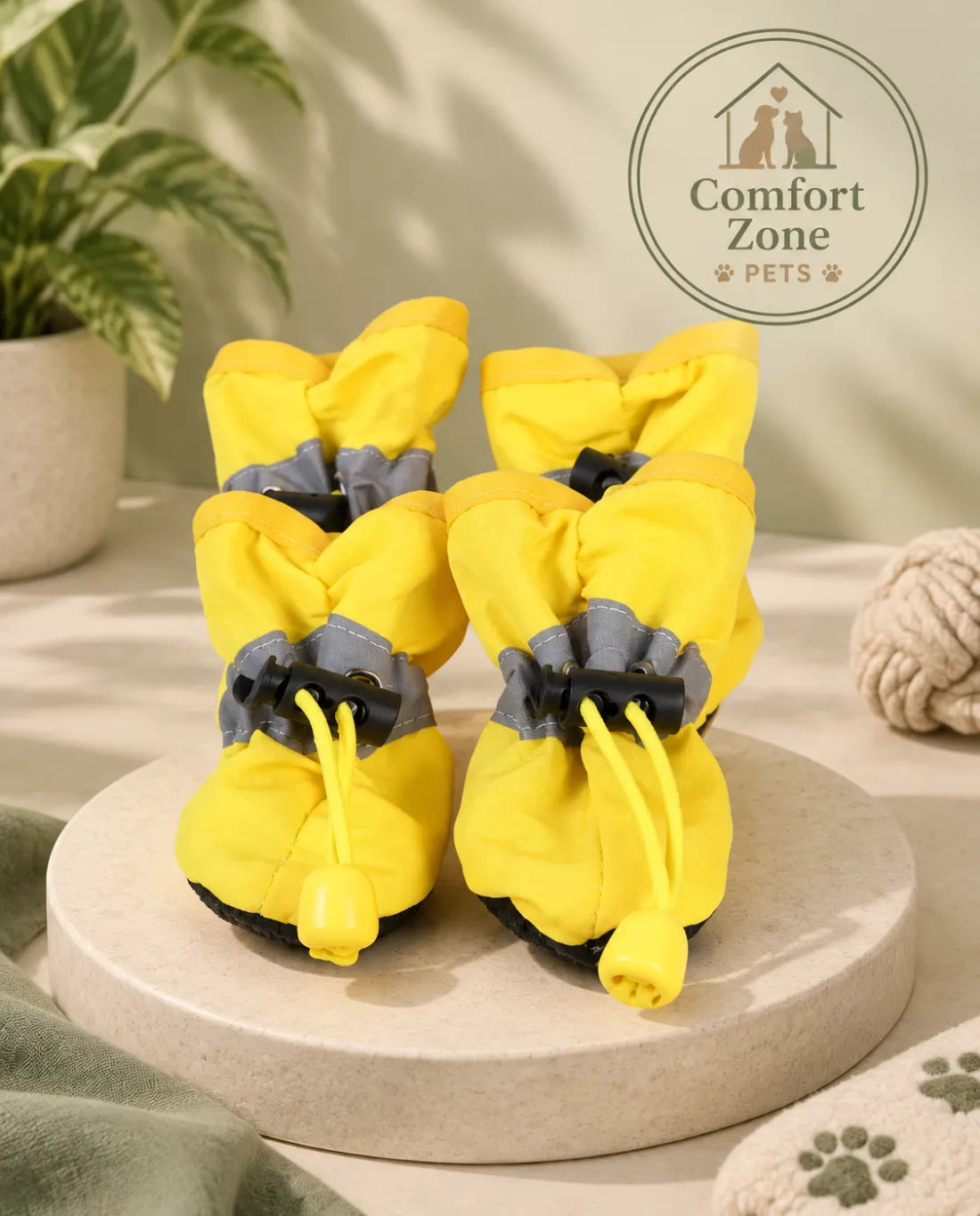 Yellow dog paw protection boots with adjustable straps for comfort